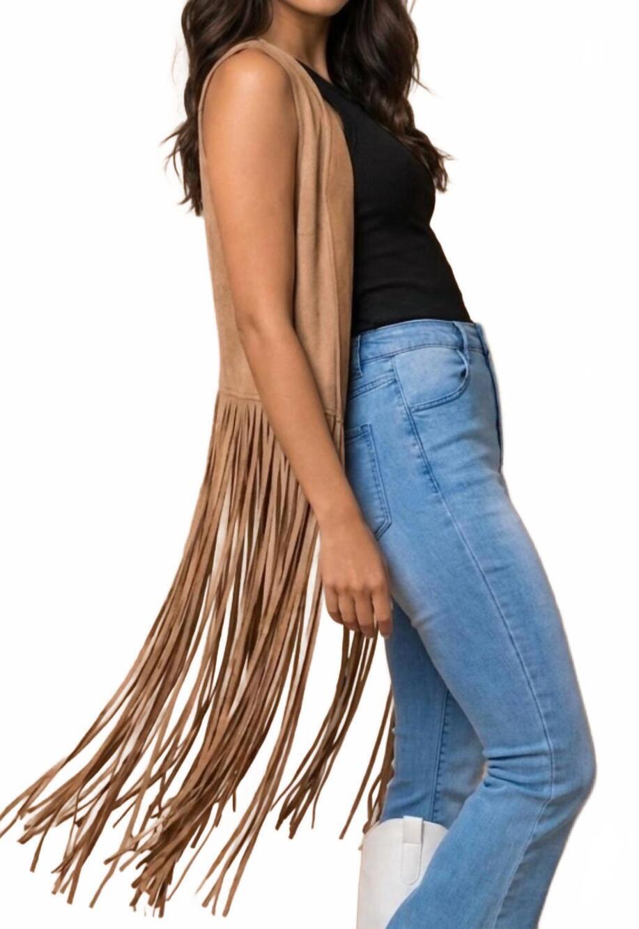 NEW SAINTS & HEARTS fringe vest in taupe